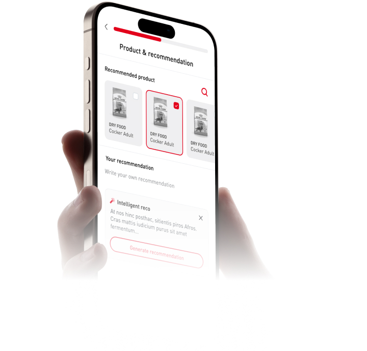 Mobile app screen showing pet product recommendation